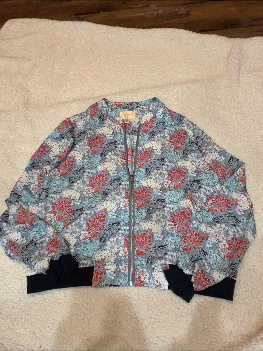 Floral Print Bomber Jacket - Light Blue, Red & White
